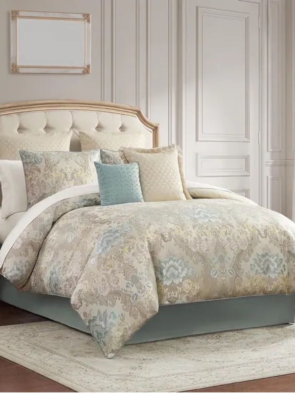 Waterford Beige and Light Blue Floral Damask Comforter Set Sz Queen NWT